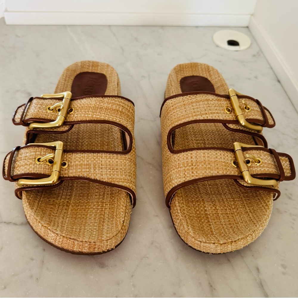 J. Crew Raffia Tan and Gold Buckle Sandals - Picture 2 of 9